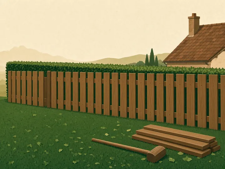 Illustration d’une clôture en bois neuve posée le long d’une pelouse